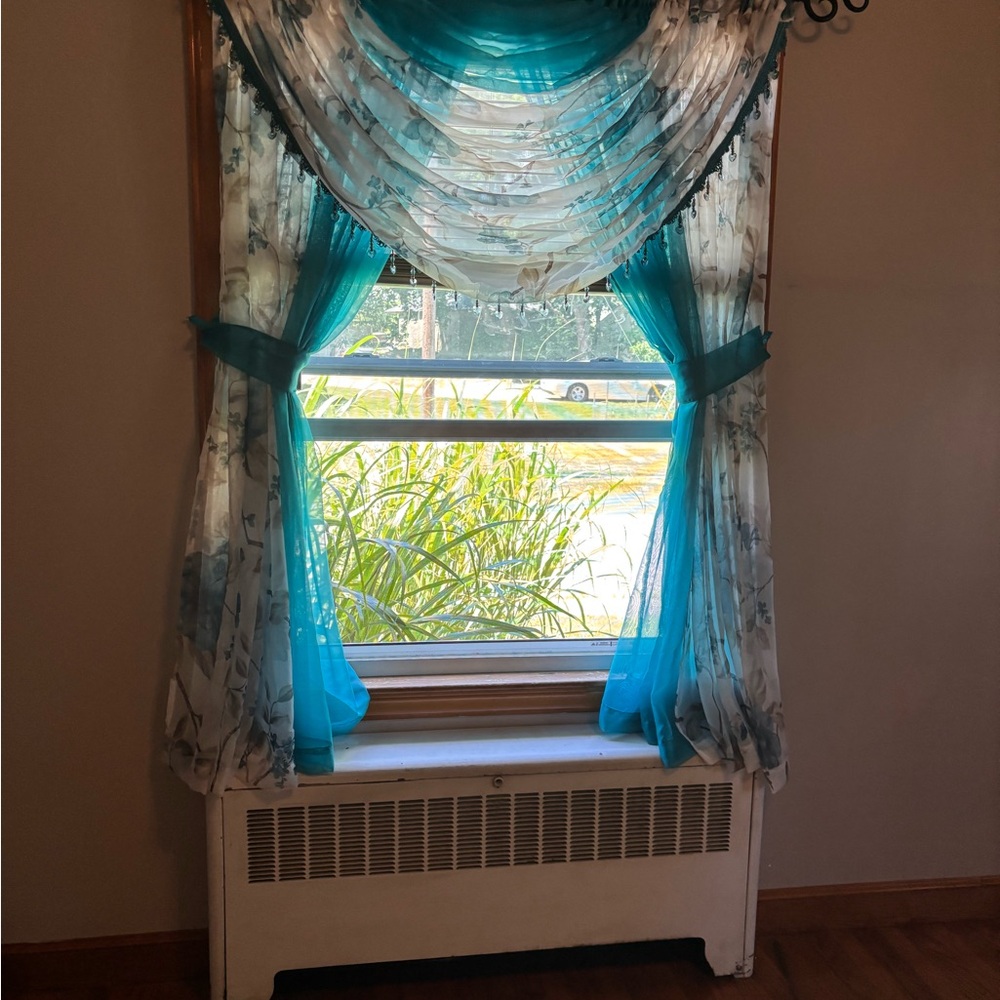 Elegant Teal and Floral Sheer Curtains